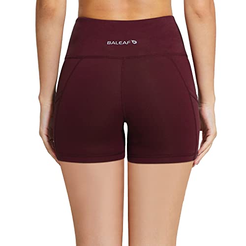 BALEAF Biker Shorts Women Yoga Gym Workout Spandex Running Volleyball Tummy Control Compression Shorts with Pockets 5" Wine Red XS