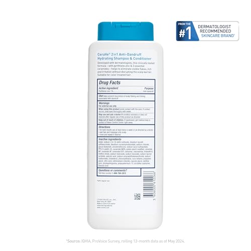 CeraVe 2 In 1 Hydrating Anti Dandruff Shampoo And Conditioner, 1% Pyrithione Zinc Dandruff Treatment, Color Safe & Sulfate Free Shampoo And Conditioner, Helps Eliminate Dandruff & Relieve Itchy Scalp