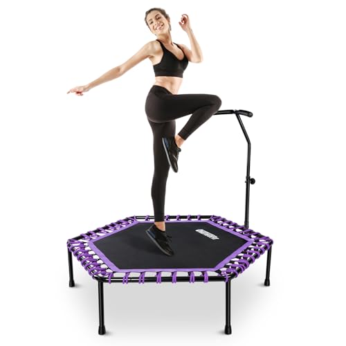 ONETWOFIT 48" Silent Mini Trampoline with Adjustable Handle Bar Fitness Trampoline Bungee Rebounder Jumping Cardio Trainer Workout for Adults