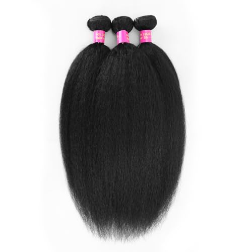 14 16 18 Kinky Straight Bundles Human Hair Yaki Straight Human Hair 3 Bundles 100% Unprocessed Brazilian Virgin Remy Hair Yaki Straight BundlesFor Black Women Natural Black Color