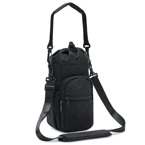 sportsnew Quilted Water Bottle Holder with Strap 32oz 40oz Insulated Quilted Water Bottle Pouch Carrier Sling Bag with Phone Pocket Water Bottle Sleeve for Walking Hiking, Quilt Black Patent Pending