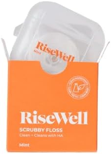 RiseWell Scrubby Floss for Teeth - Natural PFAS Free Dental Floss with Hydroxyapatite and Xylitol - Dentist-Formulated for Plaque Removal - Vegan, Non-Toxic, Expanding, Mint Waxed, 30 Yards