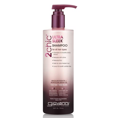 GIOVANNI 2chic Ultra-Sleek Shampoo - Brazilian Phyto-Keratin & Moroccan Argan Oil, Anti-Frizz Formula, Coconut, Shea Butter, Pro-Vitamin B5, Color Safe, Paraben Free - 24 oz