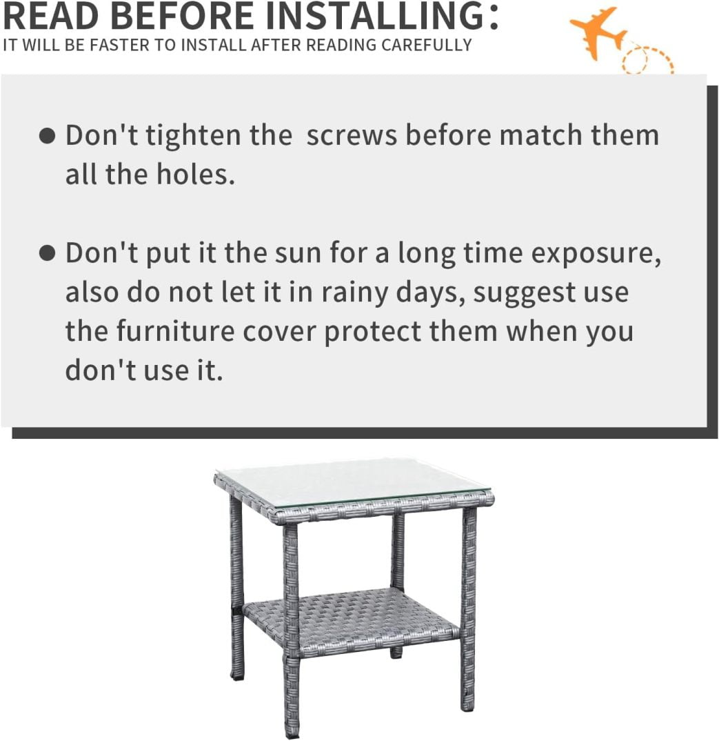 Outdoor Wicker Glass Top Side Table - Patio Rattan Square End Table with Storage, Grey