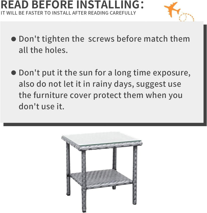 Outdoor Wicker Glass Top Side Table - Patio Rattan Square End Table with Storage, Grey