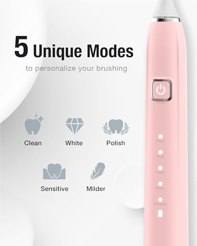 7AM2M Sonic Electric Toothbrush with 6 Brush Heads for Adults&Kids, One Charge for 120 Days, Wireless Fast Charge, 5 Modes, 40000VPM Powered Toothbrush, 2 Minutes Built in Smart Timer -Pink