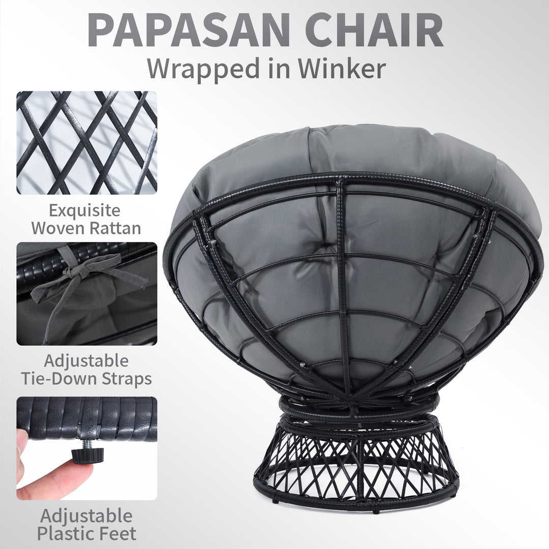 Melocadol Oversized 46" Papasan Chair, Fluid 360° Swivel with Cushion, Durable Frame for Indoor & Outdoor, Black Frame with Dark Grey Cushion
