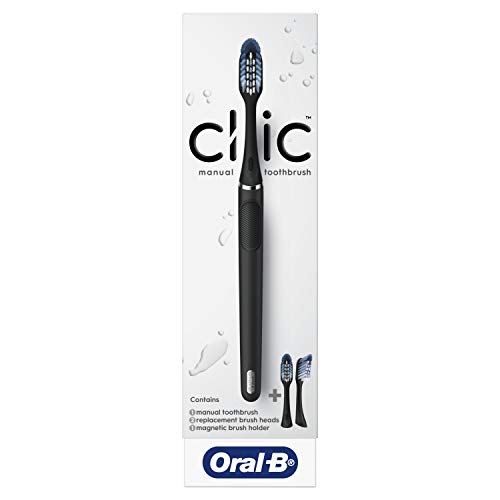 Oral-B Clic Manual Toothbrush, Matte Black, with 3 Replaceable Brush Heads and Magnetic Holder