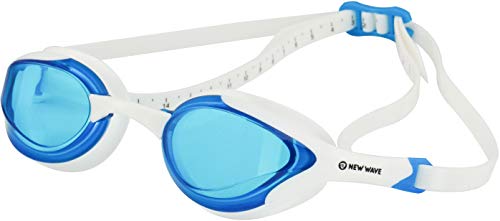 New Wave Swim Goggles with Protective Storage Case - Anti Fog Lenses, Four Nose Bridges for Triathlon & Open Water Swimming (Blue Ice = Clear Blue Lens in White Frame)