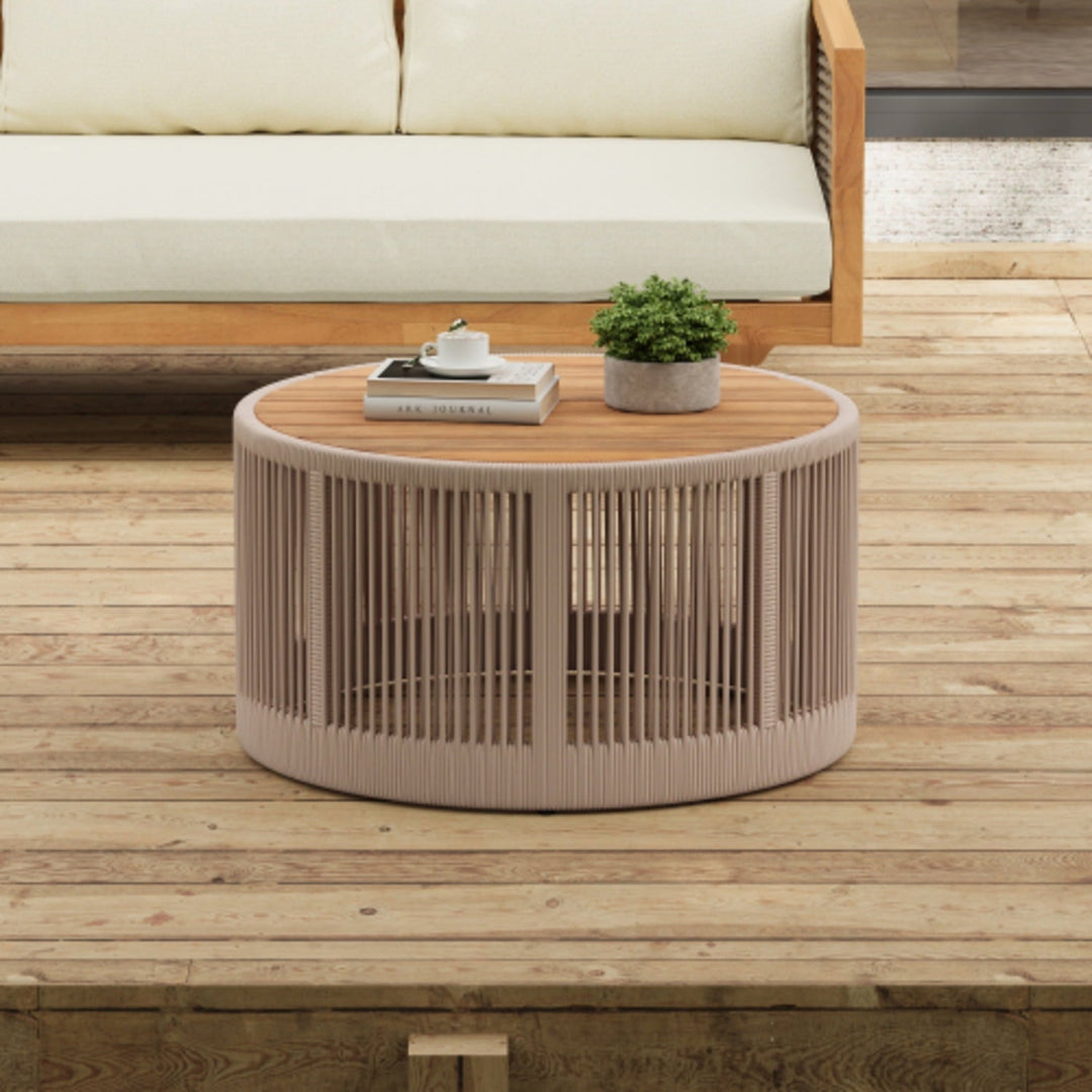Outdoor Rattan Rope Design and Acacia Wood Tabletop Coffee Table, Beige