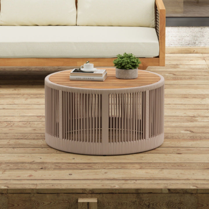 Outdoor Rattan Rope Design and Acacia Wood Tabletop Coffee Table, Beige