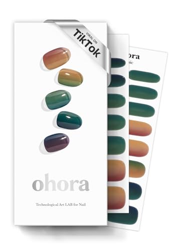 ohora Semi Cured Gel Nail Strips (N Autumn Ombre) - Green/Brown Works with Any UV/LED Lamps, Salon-Quality, Long Lasting, Easy to Apply & Remove - Includes 2 Prep Pads, Nail File & Wooden Stick