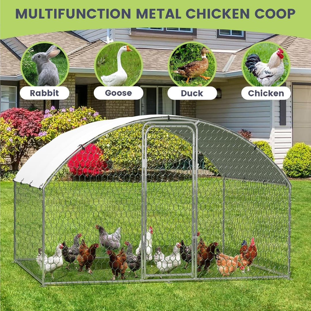 Pinypikaka Metal Chicken Coop, 9.8' x 6.5' x 6.5' Large Chicken Coop with Waterproof and Anti-UV Cover, Walk-in Poultry Cage with Run, Doom Roof Duck Rabbit House for Outdoor Backyard Farm