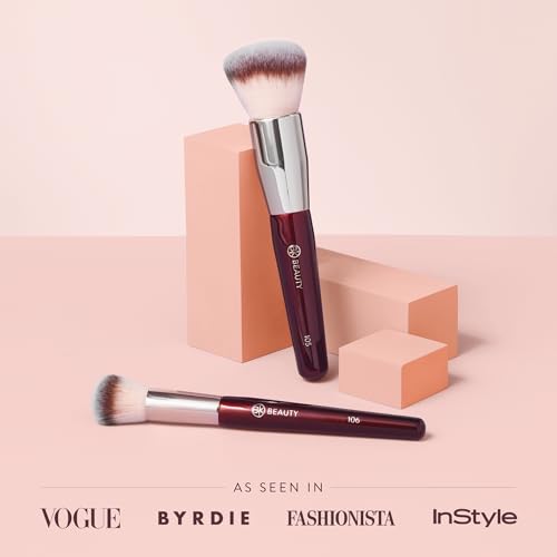 BK BEAUTY - LARGE BUFFER & ROUND FOUNDATION (2PC) - Professional Makeup Brush Set for Liquid or Cream Foundations, Powder & Blush | Premium Face Brushes for Flawless Application