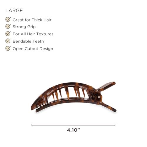 TELETIES - Large Flat Square Clip - For Lying Down, Yoga, Driving & More - Strong Grip, Bendable Teeth, Comfortable Curved Design - Ideal for Thick Hair - Core Collection - Tortoise