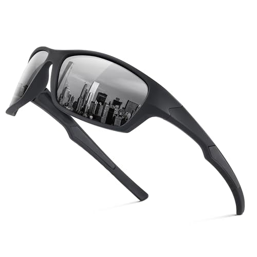 Fanshen Sports Polarized Sunglasses Men - Wrap Around Mens Sunglasses for Mens Womens Cycling Running UV Protection (Matte Black/Grey)