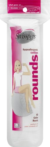 Swisspers Premium 100% Natural Cotton Rounds, Hypoallergenic, Reclosable Bags, 80-Count Bag