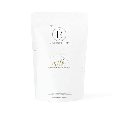 Bathorium Milk Mineral Bath Soak, Made with Coconut, Dead Sea Salt & Vanilla Bean CO2, Ideal for Hydration, pH Balanced Coconut Scented Bath Soak for Women, Approximately 5 Baths, 23 oz