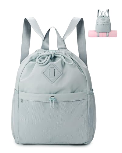 WANDF Drawstring Backpack Sports Gym Bag with Yoga Mat Strap, Water-Resistant String Backpack Cinch Bag with Mesh Pocket for Women Men (Beige, Patent Pending)