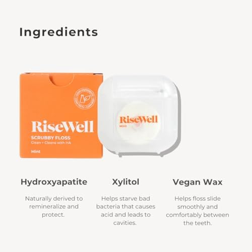 RiseWell Scrubby Floss for Teeth - Natural PFAS Free Dental Floss with Hydroxyapatite and Xylitol - Dentist-Formulated for Plaque Removal - Vegan, Non-Toxic, Expanding, Mint Waxed, 30 Yards