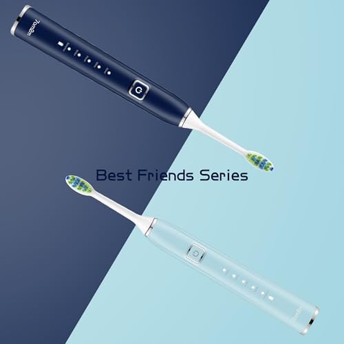 7AM2M Electric Toothbrush 2 Pack Set for Adults, 12 Replacement Brush Heads, 5 Adjustable Modes, Built-in 2-Minute Smart Timer, Fast Charge for 60 Days, IPX7 Waterproof, Navy & Light Blue