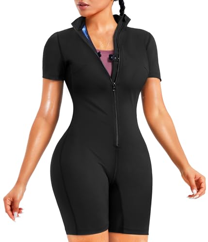 Junlan Sauna Suit for Women Full Body Jumpsuit Waist Trainers for Women Belly Fat Workout Sweat Suit(Black,Small)