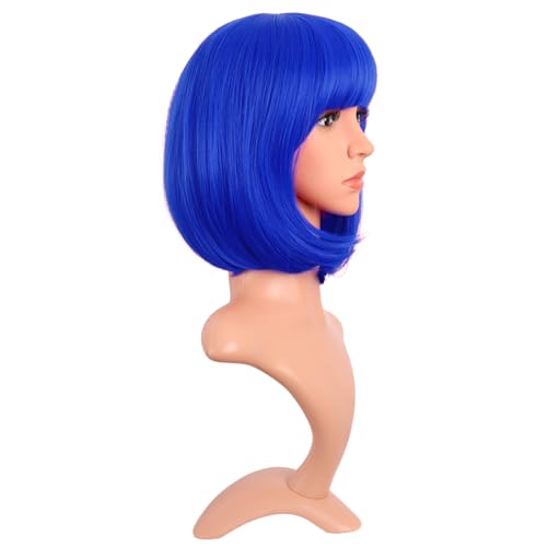 MapofBeauty 12 Inch /30 cm Fashion Lady Short Straight Synthetic Flat Bangs Bob Wig (Navy Blue)
