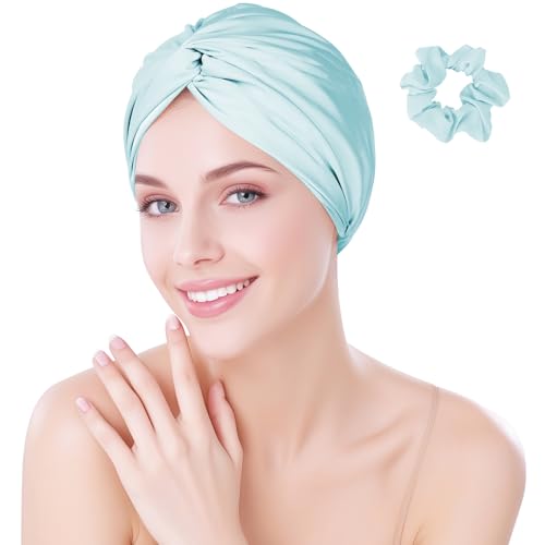 Adjustable Silky Satin Bonnet for Sleeping, Women Night Wrap Sleep Cap, Large Turban Include a Scrunchie for Long Hair Braid Stay on Head (Aqua Blue)