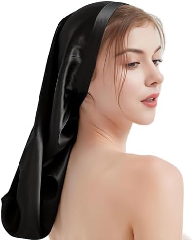 19 Momme 100% Mulberry Silk Cap for Sleeping Women,Adjustable Long Silk Bonnet for Curly Hair Elastic Night Cap