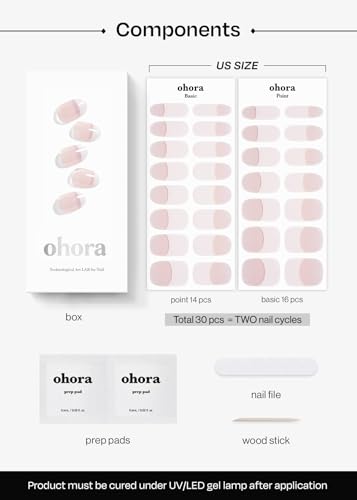 ohora Semi Cured Gel Nail Strips (N Essential French) - White, French, Works with Any UV/LED Lamps, Salon-Quality, Long Lasting, Easy to Apply & Remove - Includes 2 Prep Pads, Nail File & Wooden Stick