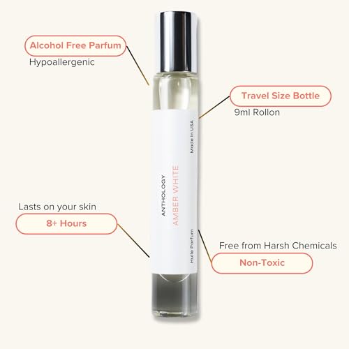 Anthology Amber White Roll on Perfume Oil for Women 0.3oz 9 ML | Amber, Vanilla, Sandalwood | Alcohol Free Rollerball | Clean & Cruelty-Free Fragrance