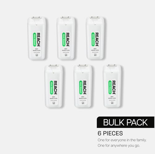 REACH Waxed Dental Floss, Mint, Plaque Remover for Teeth, Shred Resistant, Floss Slides Smoothly, Easy to Use, Waxed, Deep Cleaning Teeth, Oral Care, PFAS Free, for Adults & Kids, 6 Pack, 200 yd