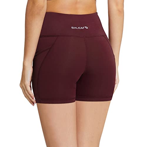 BALEAF Biker Shorts Women Yoga Gym Workout Spandex Running Volleyball Tummy Control Compression Shorts with Pockets 5" Wine Red XS
