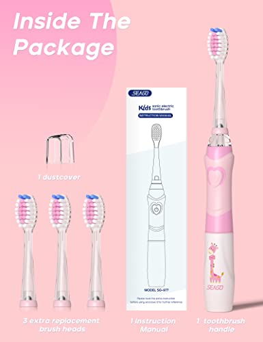 SEAGO Kids Electric Toothbrush with 2 Mins Timer and 4 Replacement Bursh Heads, Rainbow LED Light Make Brushing Fun, Pink Color Girls Battery Powerd for 4-12 Years Old，SG-977