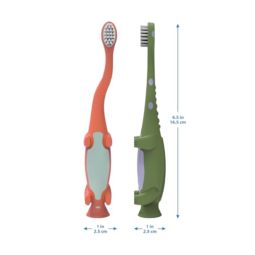 Dr. Brown's Toddler Toothbrush, Dinosaur, Green and Orange, 2-Pack