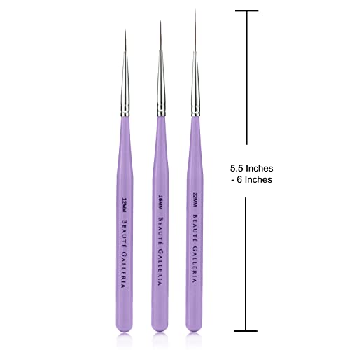 Beaute Galleria 3 Pieces Nail Art Long Striper Brush Set (12mm, 16mm, 22mm) for Thin Long Fine Line, Detailer, Striping, Color Block, One Stroke