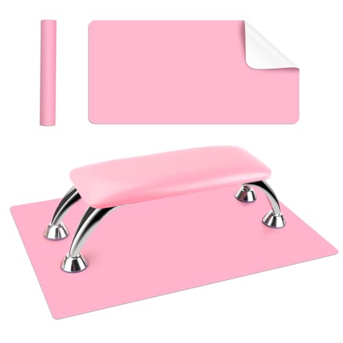 Arm Rest for Nails Tech with Table Mat for Salons and Home Manicures, Soft Microfiber Leather Nail Hand Rest for Relaxing Arms, Non-slip Height Hand Pillow Cushion Nail Salon Manicure (Pink)
