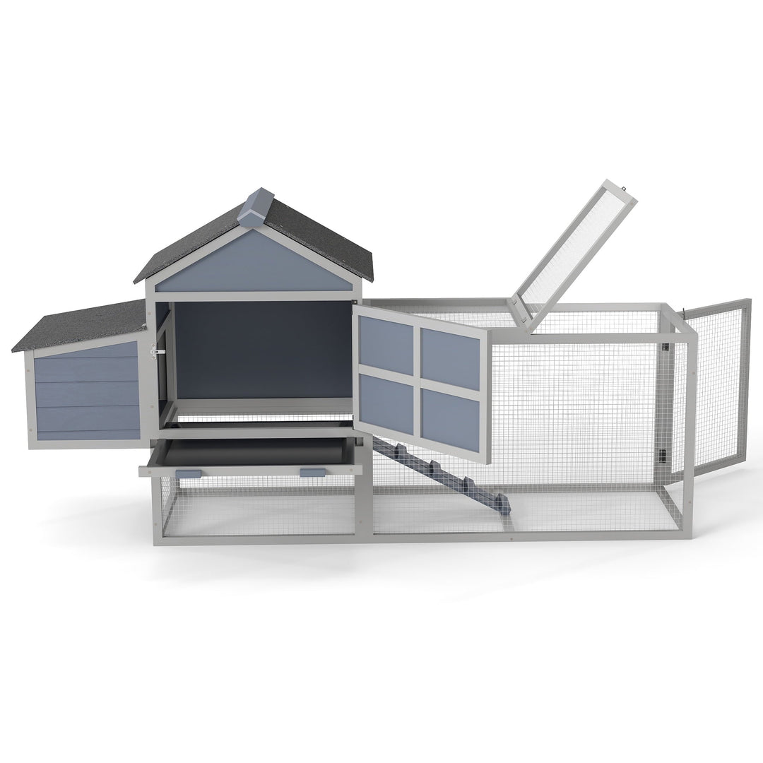 Outdoor Chicken Coop, Wooden Hen House with Nesting Box, Run, Resting Room, Ramp, Pull-Out Tray, Weatherproof, Patio Garden Pen Hutch for Ducks Poultry Pets, Easy to Clean, Gray