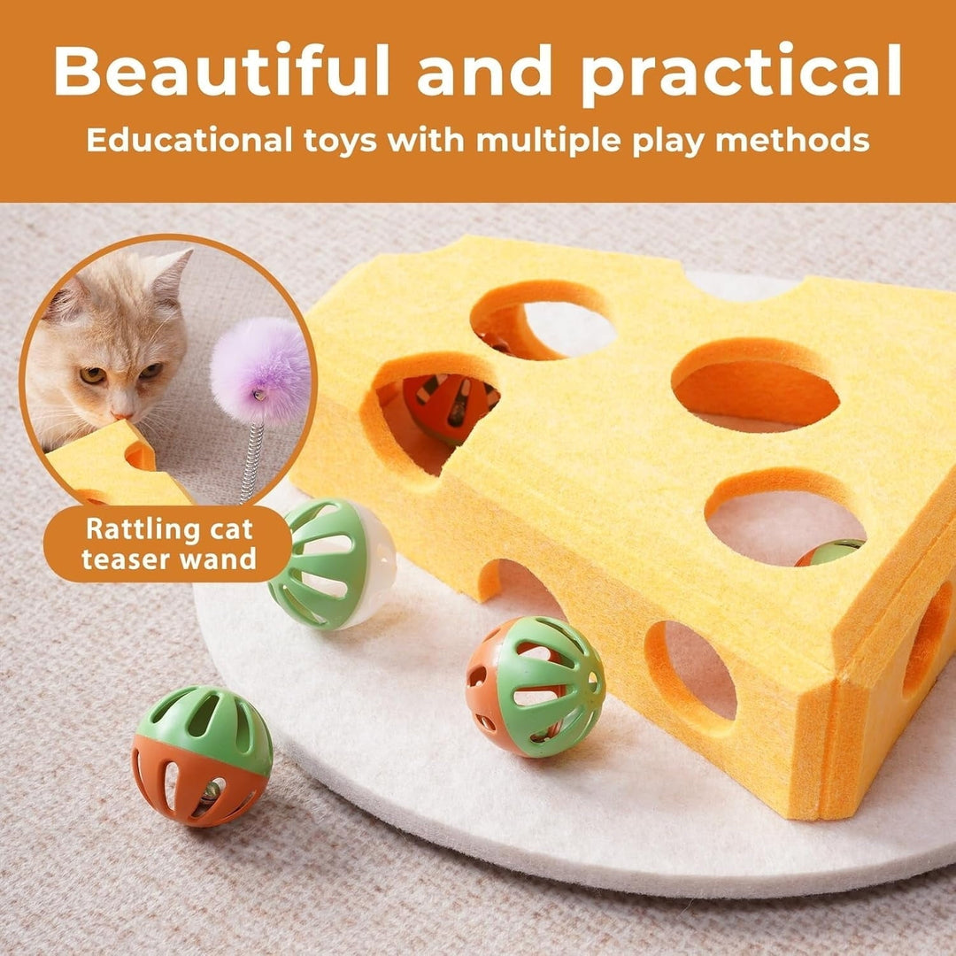 Cat Puzzle Toy with Balls & Spring Teaser – Felt Cat Toy Box for Indoor Cats, Suction Cup Base, Treat Puzzle for Solo Play, Mental Stimulation, Self Play, Hunting & Enrichment (Yellow)