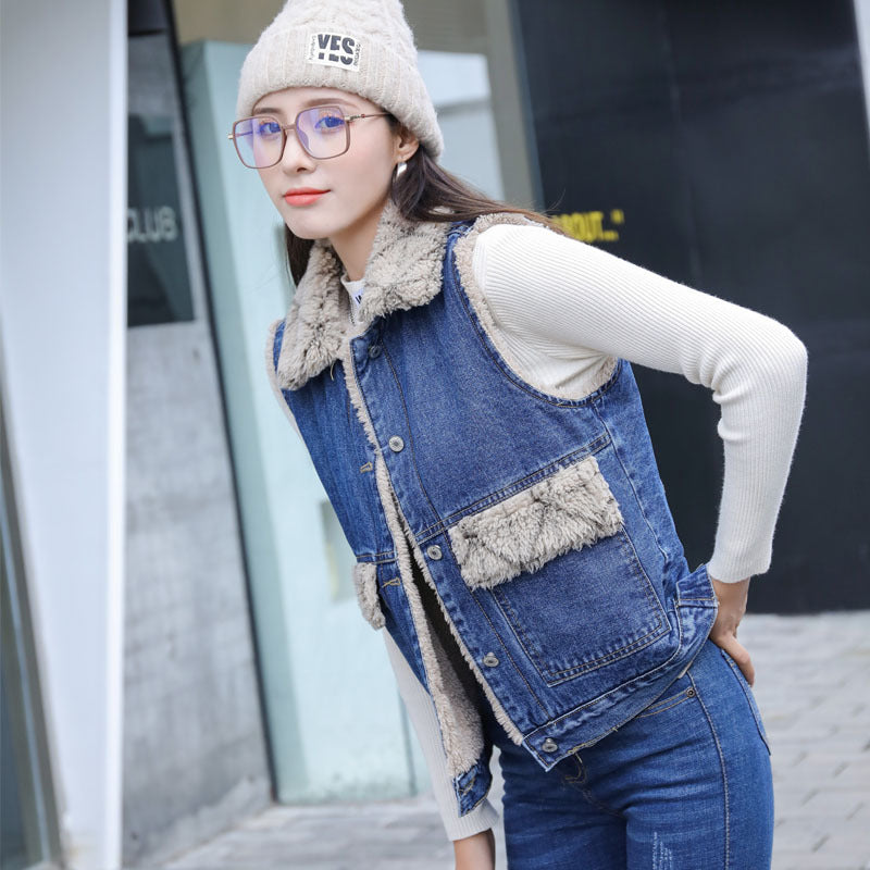 Women's Casual Plaid Plush Denim Cotton Vest