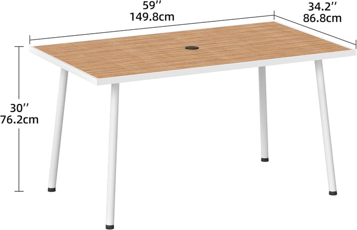 Craftian PE Rattan and Wood Outdoor Patio Dining Table with 2.2" Umbrella Hole for 6, Steel Frame, Adjustable Legs, Weather-Resistant Garden Table