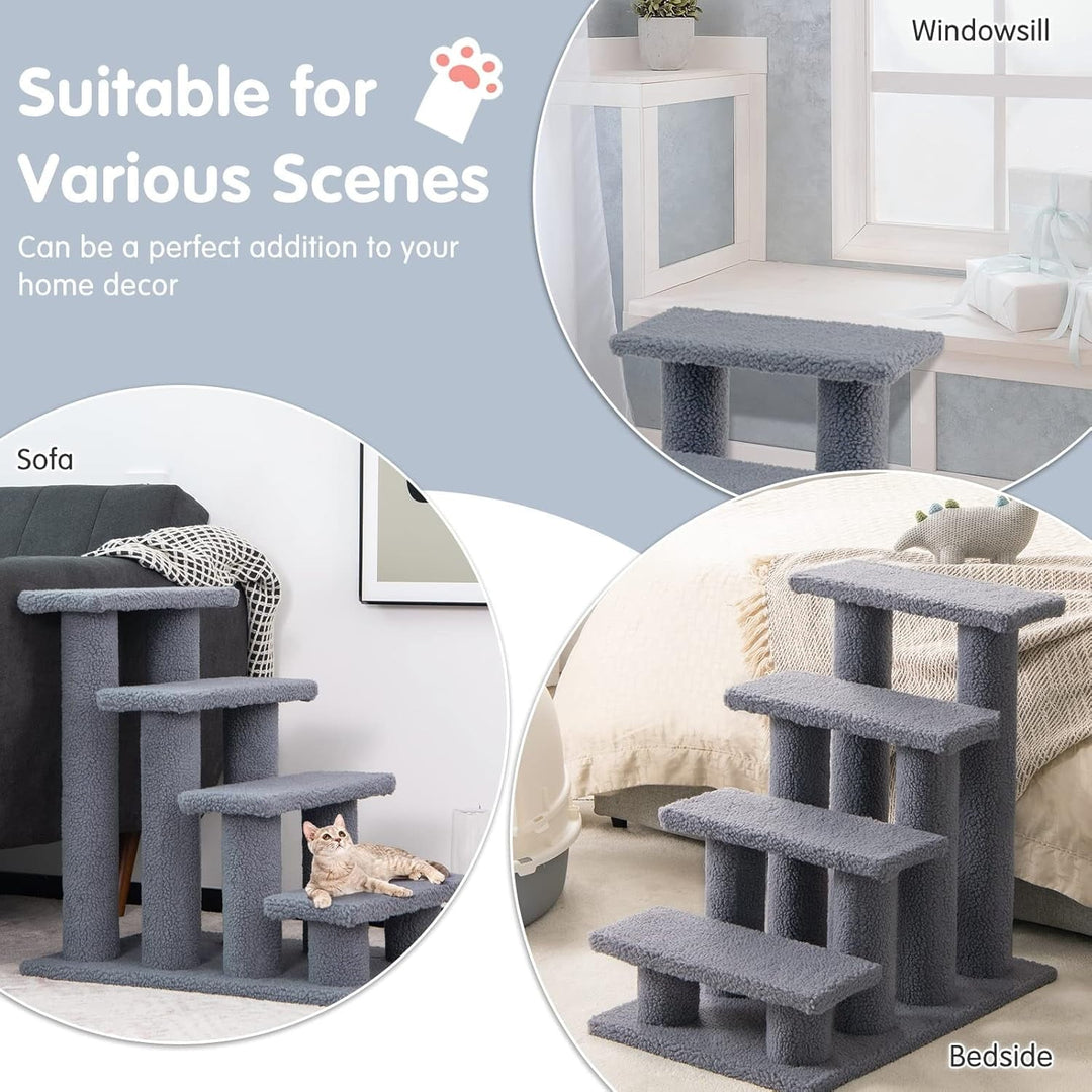 KYUTR Pet Stairs for Cats and Dogs, 4-Step Carpeted Ladder Ramp Cat Climber Cat Scratching Post, Multi-Step Dog Stairs for High Beds, Couch (Grey)