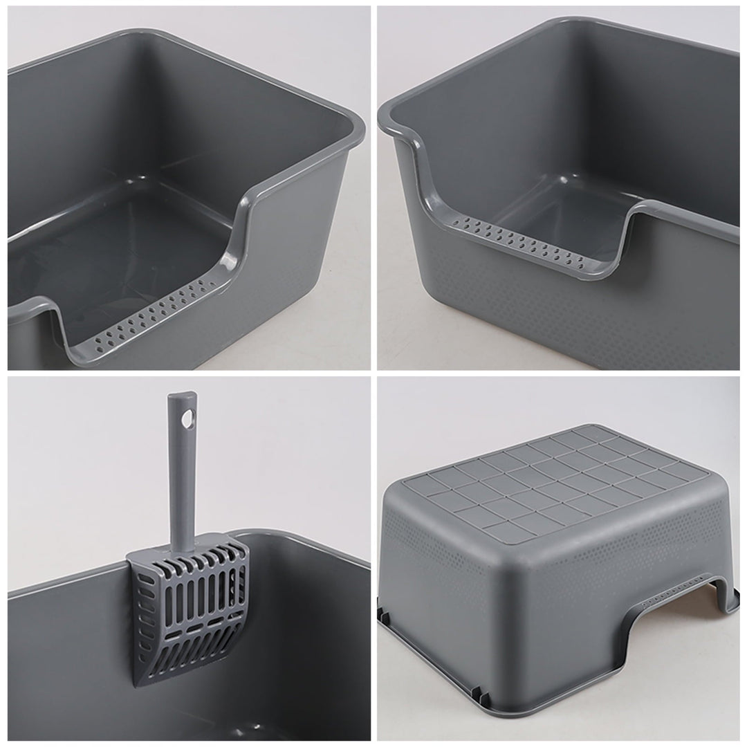 Yesdate 4-Pack Plastic Open Top Kitty Litter Box, Cat Litter Box with High Sides, Including 4 Scoops, Grey