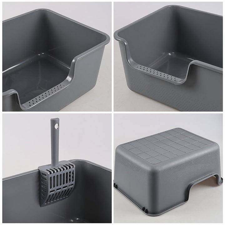 Yesdate 4-Pack Plastic Open Top Kitty Litter Box, Cat Litter Box with High Sides, Including 4 Scoops, Grey