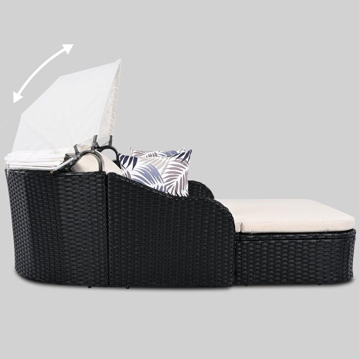 GO 79.9" Adjustable Canopy Sunbed, Double Lounger in PE Rattan, Black Frame & Beige Cushion