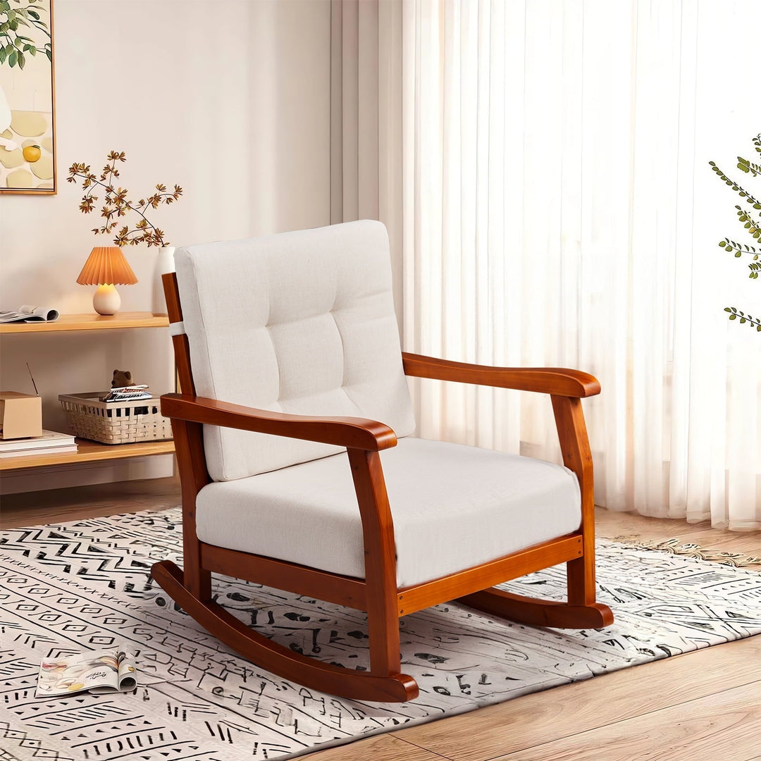 Outdoor Wood Rocking Chair with Detachable Washable Cushions, Patio Rocker with Inclined Backrest, Solid Fir Wood Rocker for Patio Porch Backyard Balcony Poolside, Teak