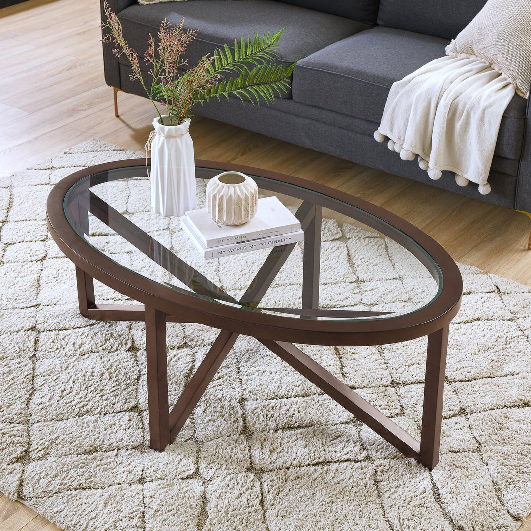 Modern Simple Glass Coffee Table, Tempered Glass Coffee Table Solid Wood Base Round Transparent Glass Top Modern Living Room Terrace Study Coffee Table