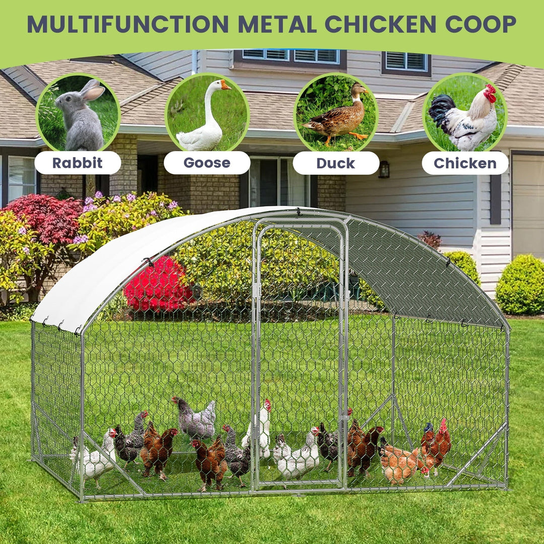 Pinypikaka Large Metal Chicken Coop for 6 to 10 Chickens, Chicken Pens Outdoor with Top for Chicks, Ducks 6.5'L x 9.8' Wx 6.5'H Dome Walk-in Poultry Cage with Waterproof Cover for Yard, Outdoor Farm