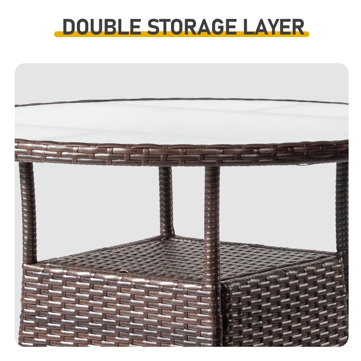 Funnil Outdoor Patio Table, Round Wicker Rattan Bistro Tables with Storage Shelf and Glass Tabletop, All Weather Patio Dining Table, Brown
