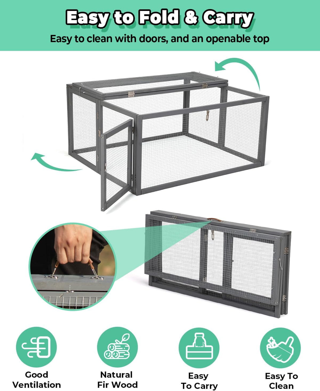 PRZL Chicken Coop Run Rabbit Hutch, Portable Chicken Cage Pens with Top & Side Opening Doors, Folding Wooden Chicken Coop, Outdoor Indoor Small Animal Playpen, Chicken Brooder Box, 45.3Inch (Grey)